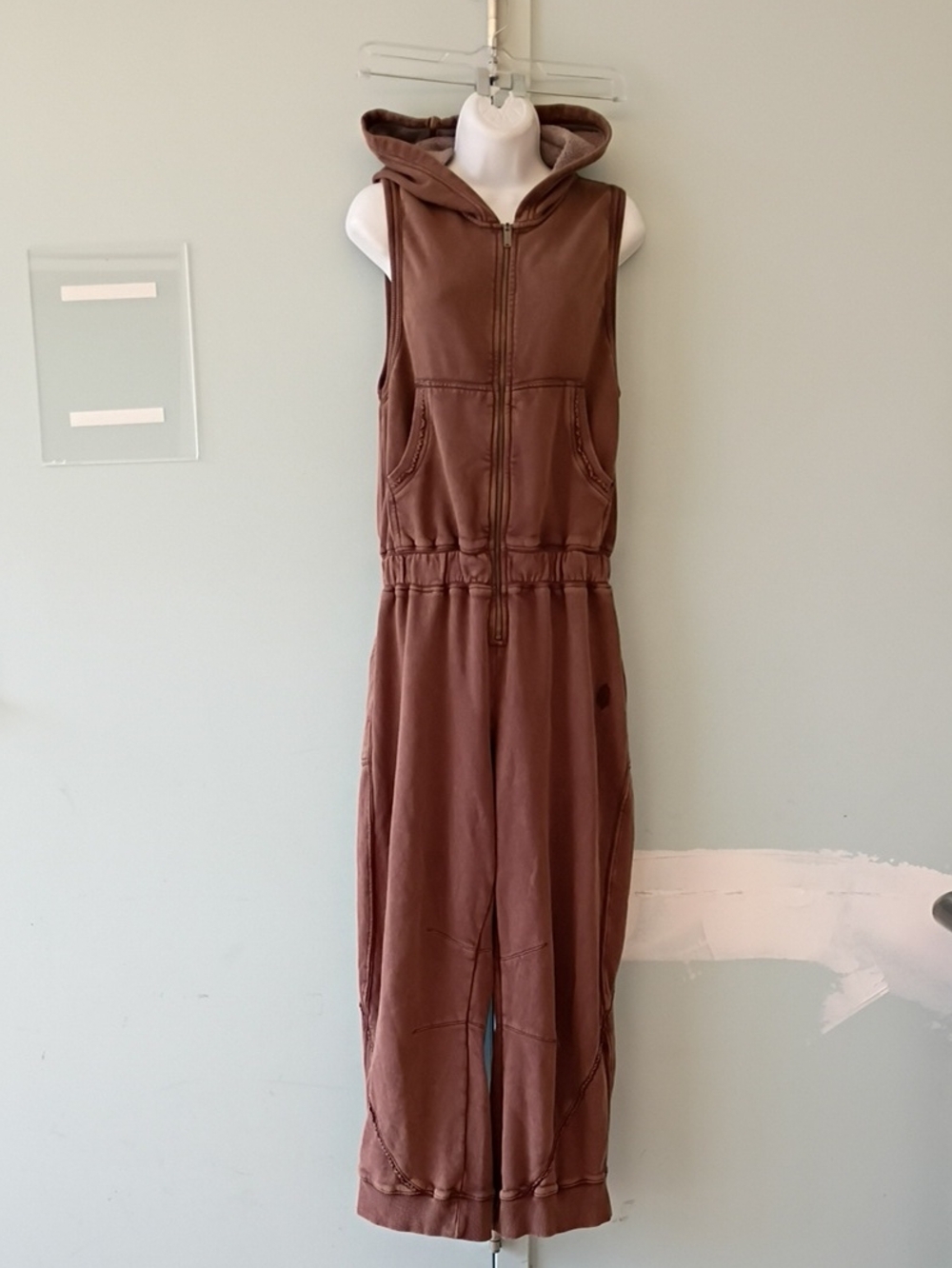 FP Movement Zip Front Sleeveless Hooded Jumpsuit - Brown Hickory sz S